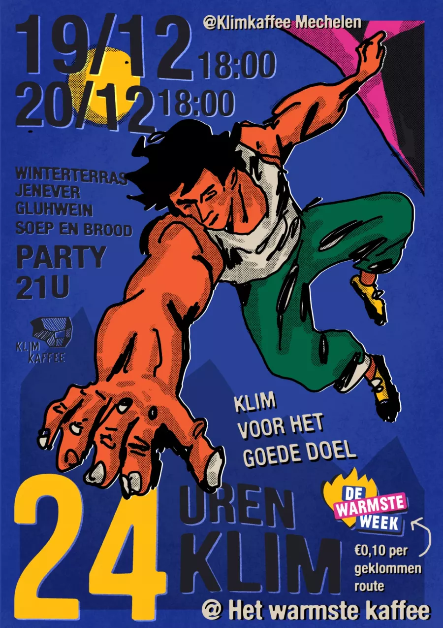 Affiche 24 uren klim voor De Warmste Week, 19 → 20 december in Klimkaffee Mechelen
